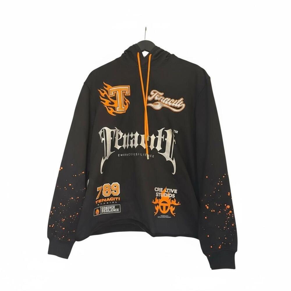TENACITI Orange/Black Paint Splatter Hoodie - Size M